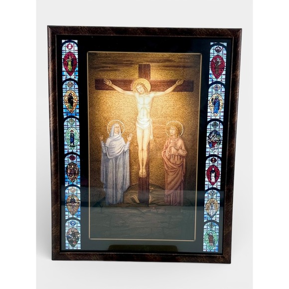 Vintage Framed Crucifixion Picture Print Catholic Mary John Saints 15x12 - Picture 6 of 6